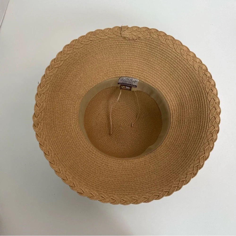 Sun N’ Sand Headwear Hat Bucket Braided Adjustable Tan Black UPF 50 Beach Travel
